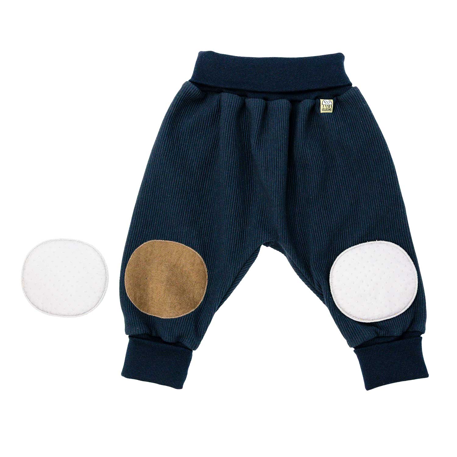 Bio Cord Baby Krabbelhose in Marineblau mit abnehmbaren Pads die als Knieschoner dienen. Krabbelhose mit Komfortbund – schützt Knie und sorgt für Bewegungsfreiheit 
