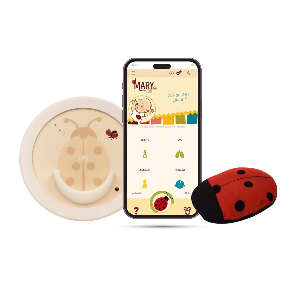 MARY MOON von sticklett – moderne Baby-Überwachung mit Beruhigungsfunktion. Vitalmonitor MARY by sticklett – kabellos, sanft & sicher befestigt. MARY MOON Baby-Sensor mit App – misst Atmung, Temperatur & Bewegung, perfekt als Geschenk für neue Mütter oder zur Babyshower