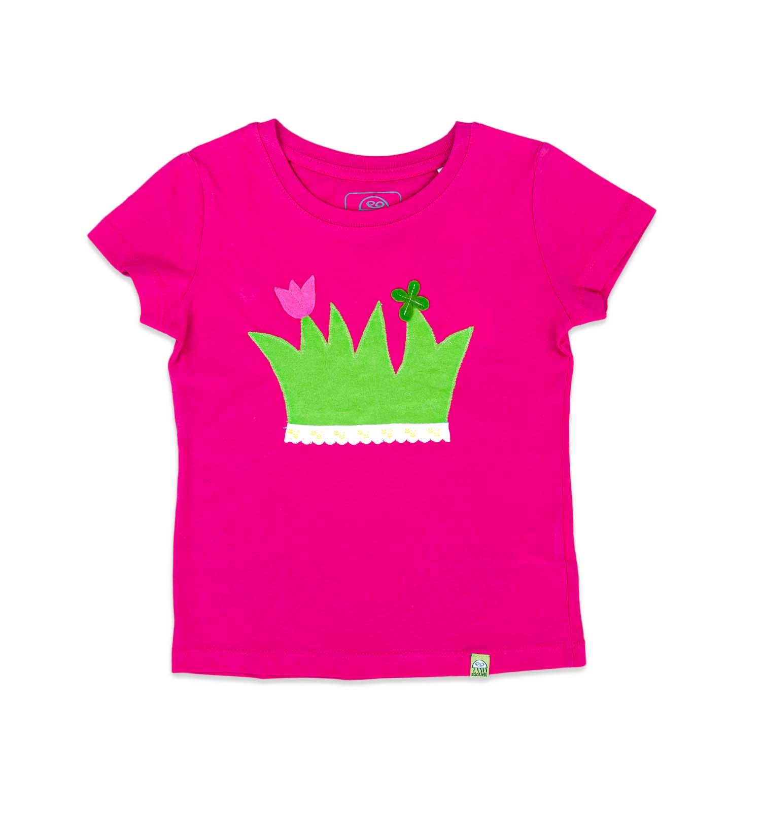 Mädchen T-Shirt in pink mit aufgenähter Blumenwiese - kurzarm | sticklett Online Store.